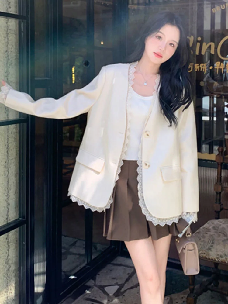 Chaqueta de traje de retazos de encaje, abrigo informal holgado para mujer, Chaquetas de oficina, moda coreana, Chaquetas holgadas empalmadas con cuello en V, Casaco