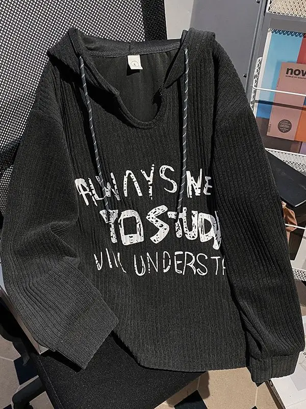 Ladies Loose Fit Long Sleeve Hoodie Thin Printed Black Top for Spring Autumn Comfortable Casual Style Elastic Fiber Material
