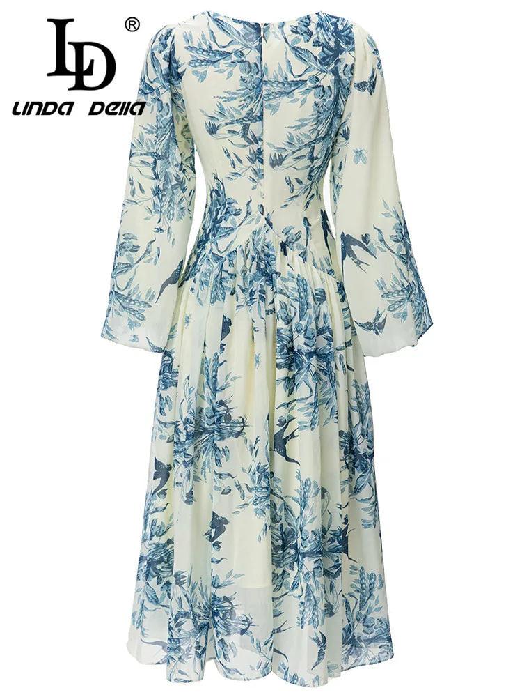 Imagem -02 - Linda Della-vestido de Chiffon para Mulheres Drapeado Decote em v Impressão de Porcelana Azul e Branca Novo Estilo Outono 2023 ld