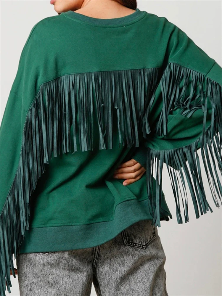 

CHRONSTYLE Fashion Women Loose Casual Sweatshirts Tops Solid Color Tassels Long Sleeve Pullovers Fall Spring Top Streetwear 2025