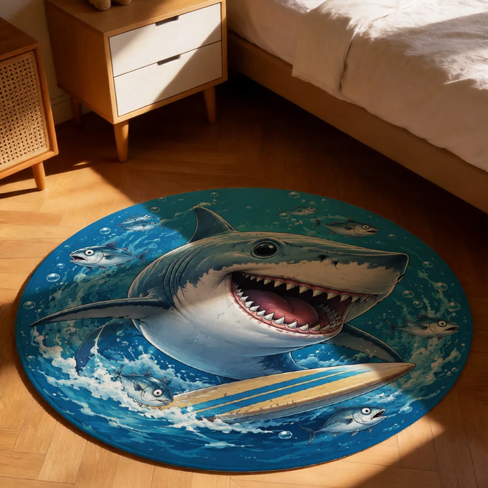 Large Shark Underwater Ocean Scene Round Area Rug Beach Nautical Decor Gift for Bathroom or Living Room