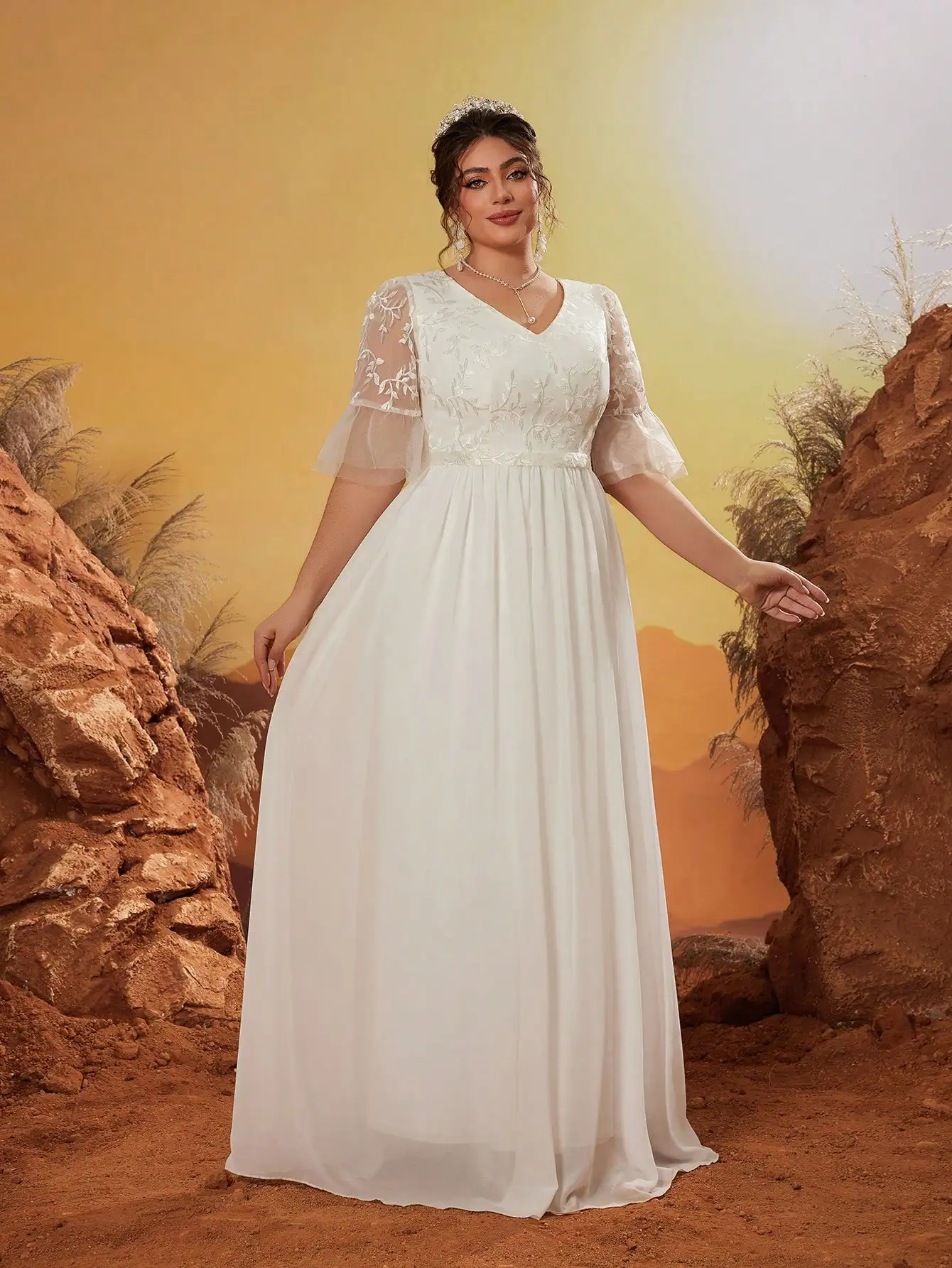 v-neck-embroidered-lace-trumpet-sleeves-combined-with-chiffon-wide-hem-wedding-dress