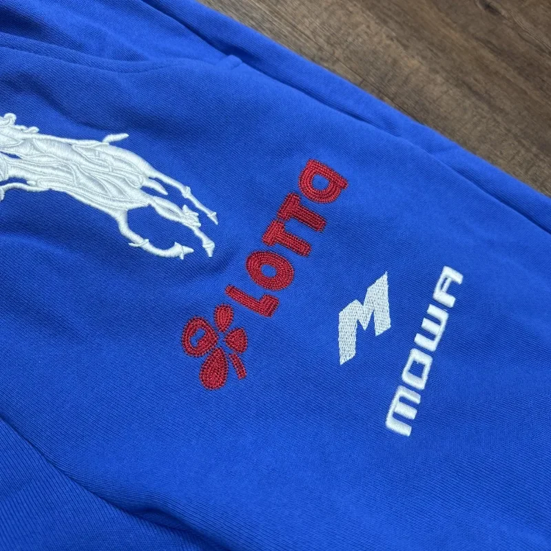 الأزرق Mowalola لندن التطريز الحرب الحصان فارس أرقام 6 التسمية Sweatpants الرجال النساء بنطال ذو قصة أرجل واسعة تيري بناطيل فضفاضة غير رسمية