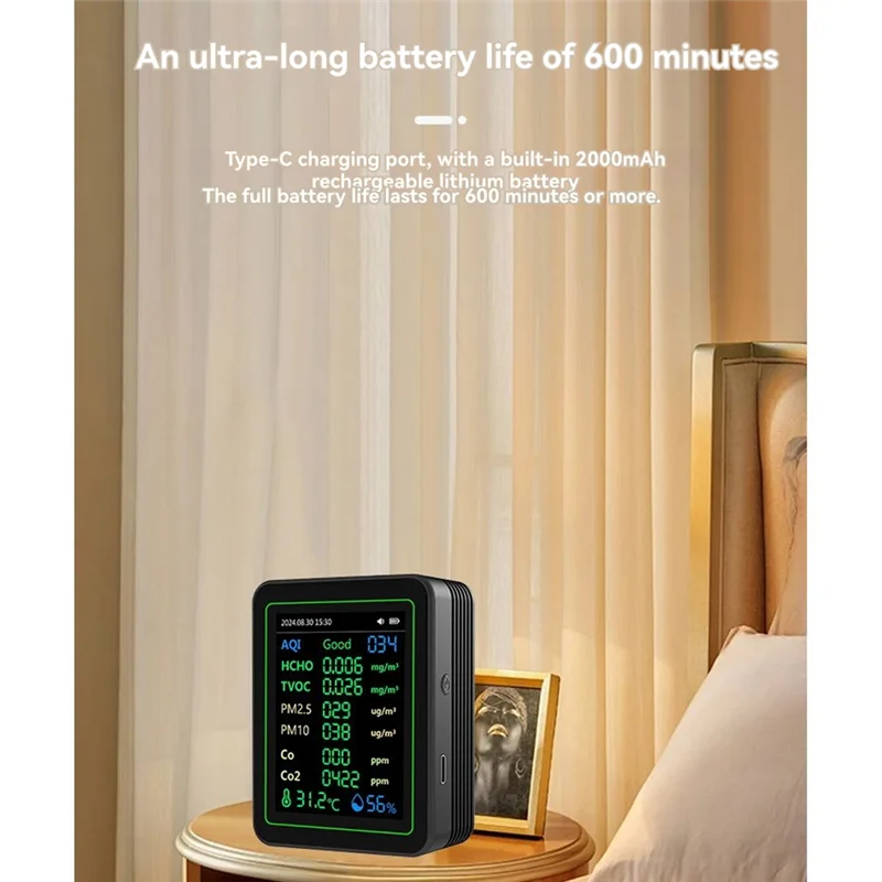 

ABKS-12 In 1 Air Quality Tester Temperature/Humidity /Time/CO/CO2/Curve/TVOC/AQI/PM2.5/PM10/Formaldehyde With Bracket