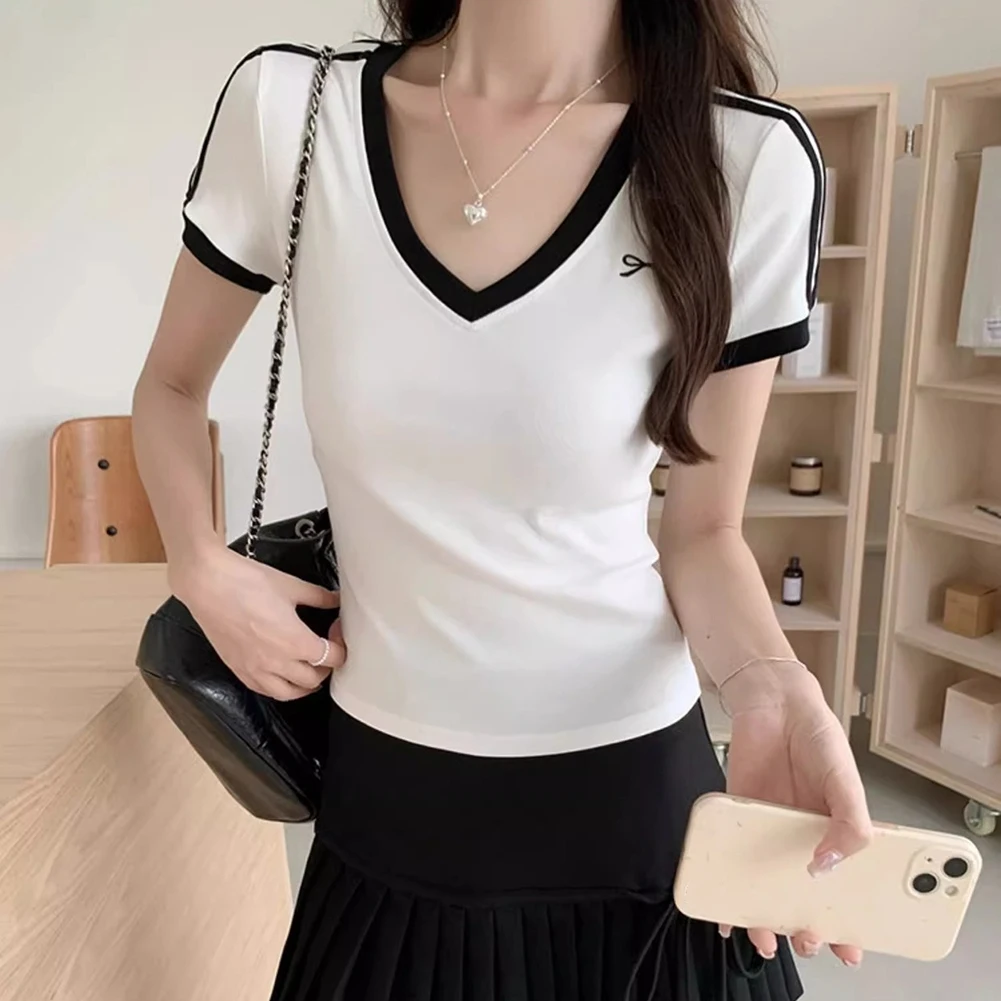 

For Daily Outing Bow Embroidery Retro T-shirt Casual Outings L M All Seasons Casual Wear V-neck Microelasticity