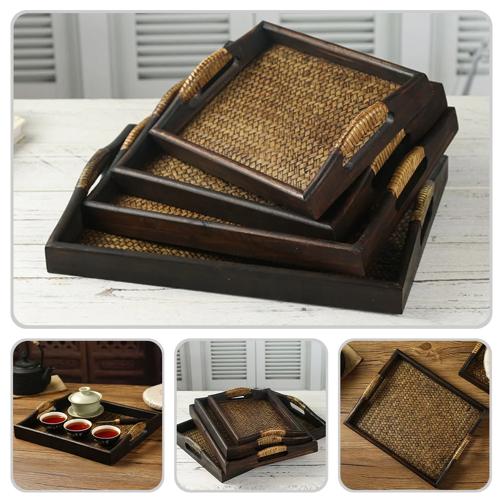 Thai Rattan Tray Breakfast Storage Plate Fruit Serving Rectangular Food Restaurant Water Cup Tea Party Holder Wooden Footstool