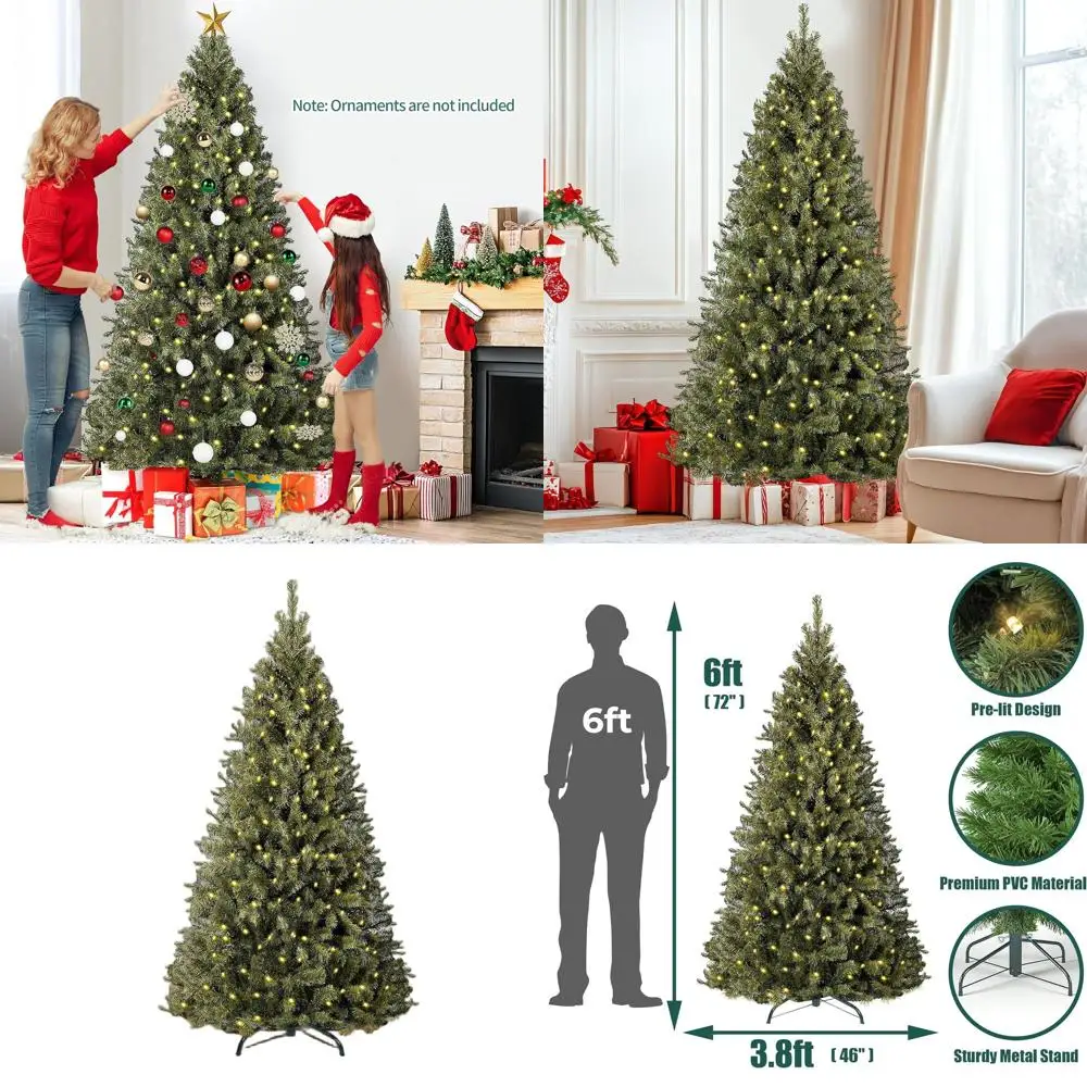 

6ft Pre-Lit Green Artificial Spruce Christmas Tree with 970 Tips, 250 LED Lights, Metal Hinges & Base for Home & Office Decor