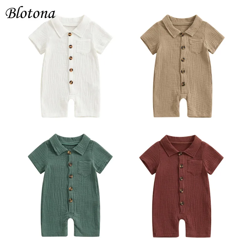 

Blotona Infant Baby Boy Summer Jumpsuit Solid Color Short Sleeve Lapel Button Down Romper 0-24Months