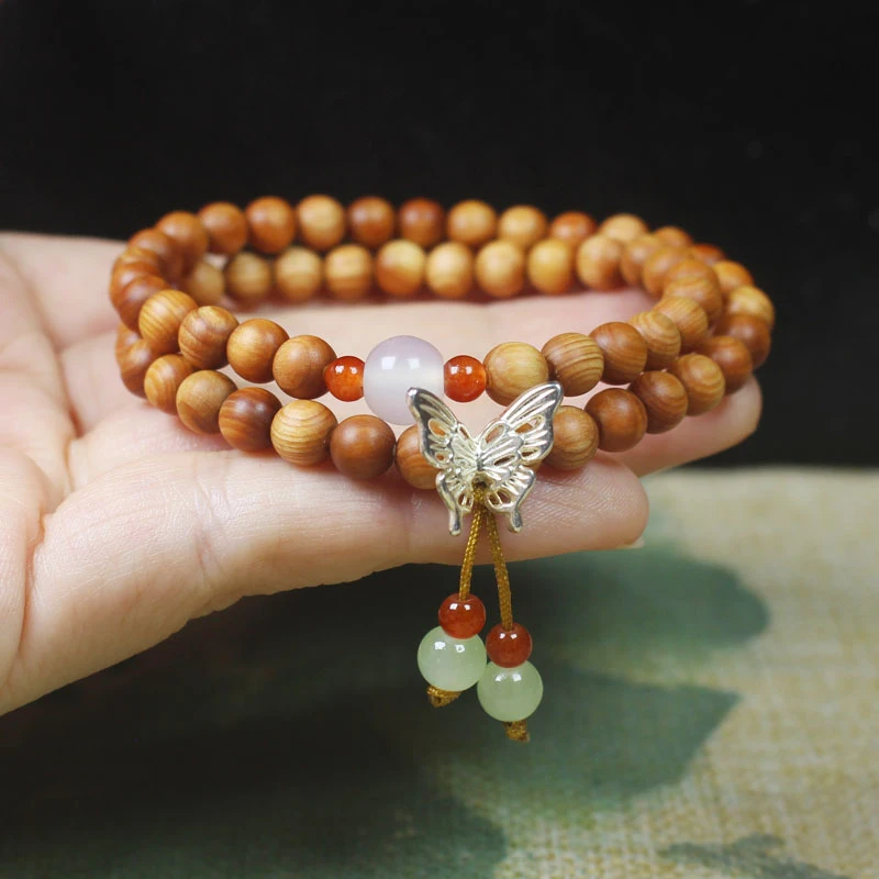 High-oil cypress wood 0.6 double-loop bracelet with butterfly pendant, forest-style women's Buddhist prayer beads jewelry