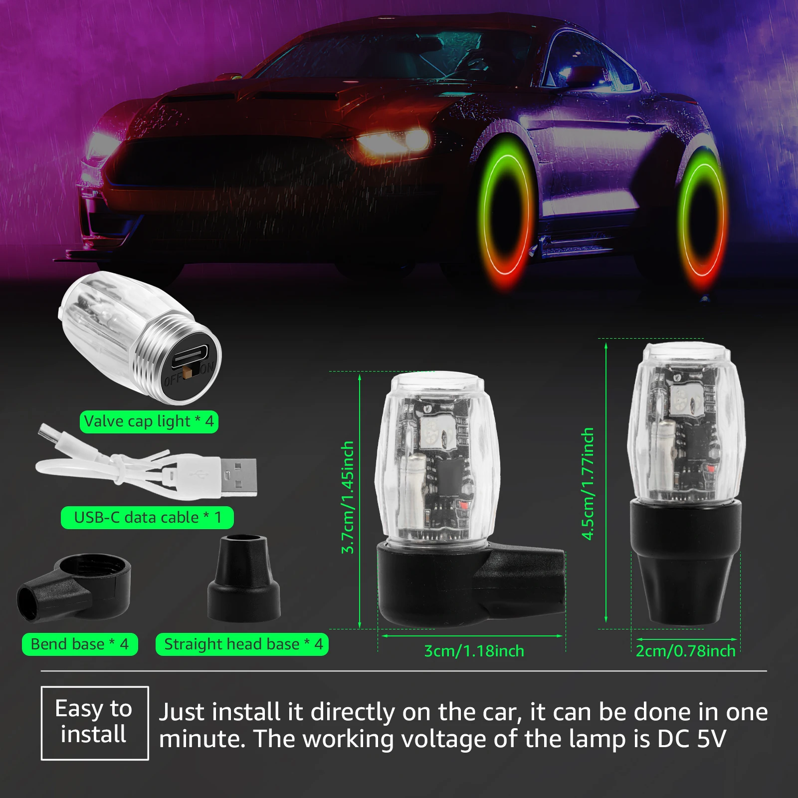 4Pcs Luminous Tire Valve Caps Hub LED Decor Lights 6 Lighting Modes Glowing Caps Waterproof with Motion Sensors Smart on and off