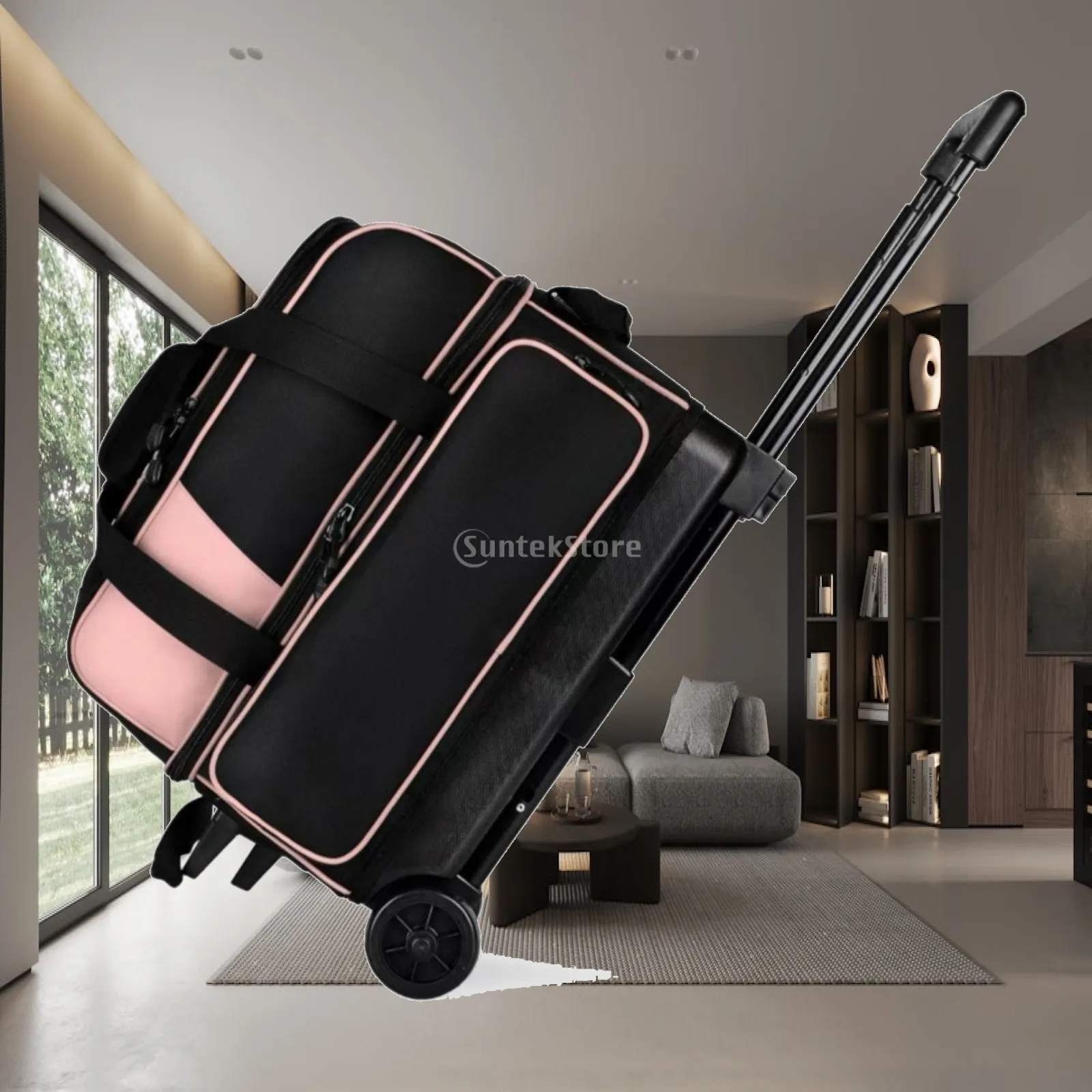 Bowling 2 Ball Roller Bag Hard Bottom Oxford Cloth Suitcase for Travel with Carry Straps and Pockets