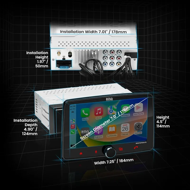 BVCP9700A-FL Single DIN Car Stereo Wireless CarPlay، Android Auto، شاشة لمس 7 بوصة، بلوتوث، /FM