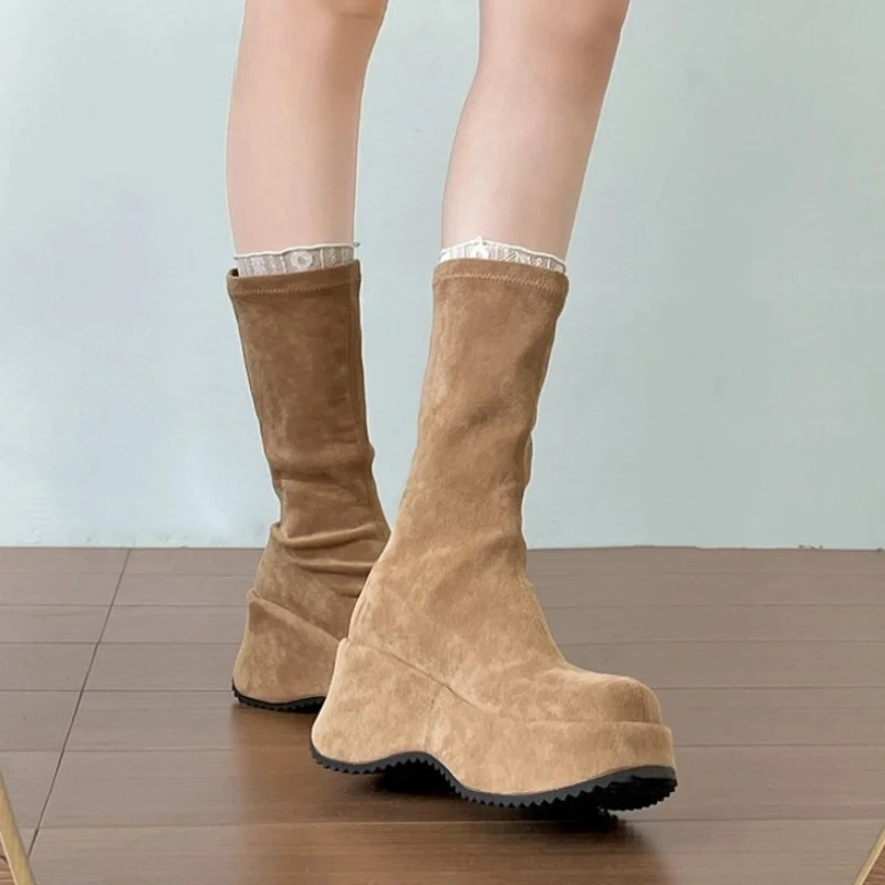 

Женские современные ботинки на толстой подошве на массивной платформе, дизайнерские туфли без шнуровки с круглым носком, осень-зима, эластичные тонкие короткие ботинки Botas Para Mujer