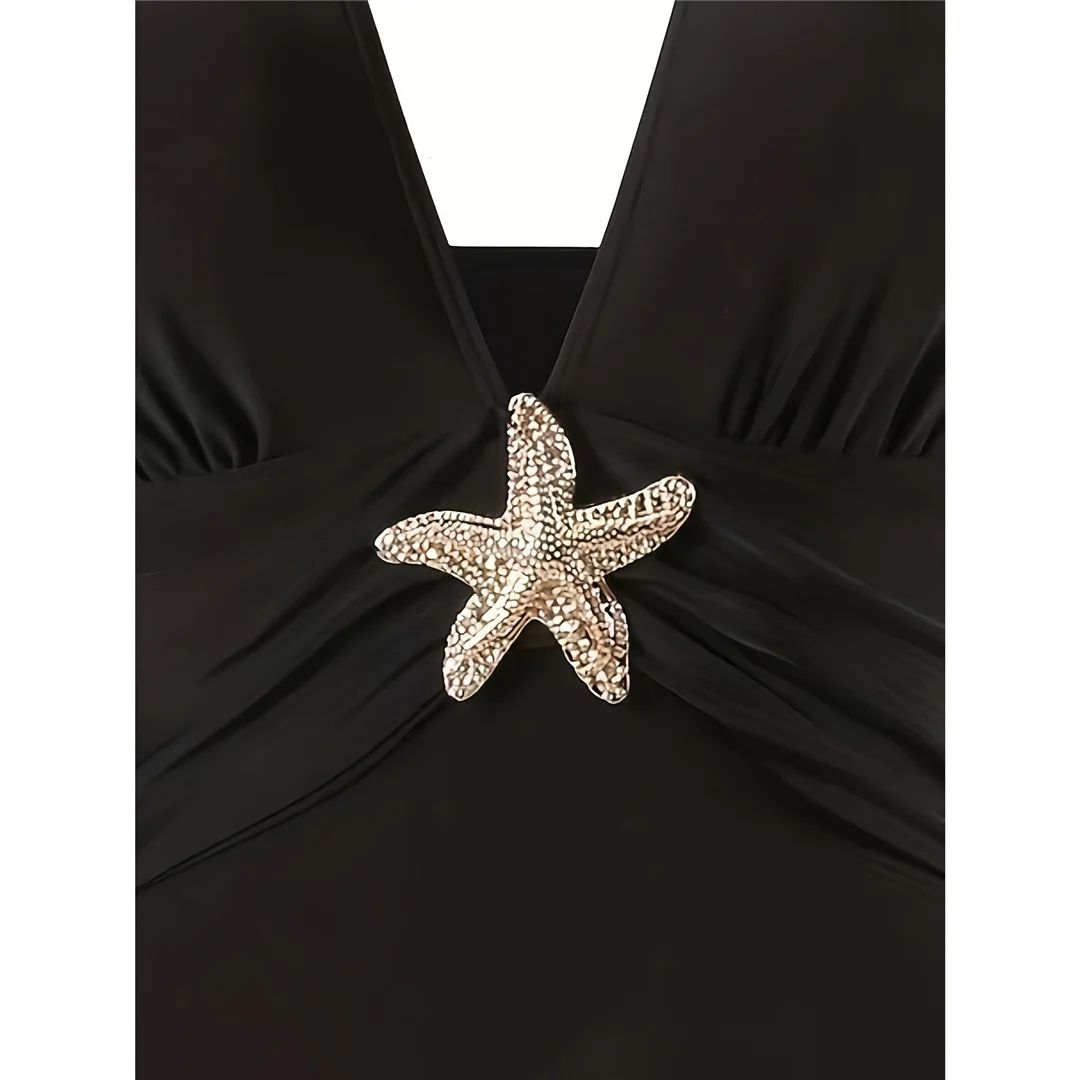 S - XL Neu mit Rock, tiefer V-Ausschnitt, Neckholder, einteiliger Badeanzug, Damen-Bademode, gepolsterter Badeanzug mit Seestern-Motiv, Badeanzug, Schwimmanzug V7977 – Detail 6