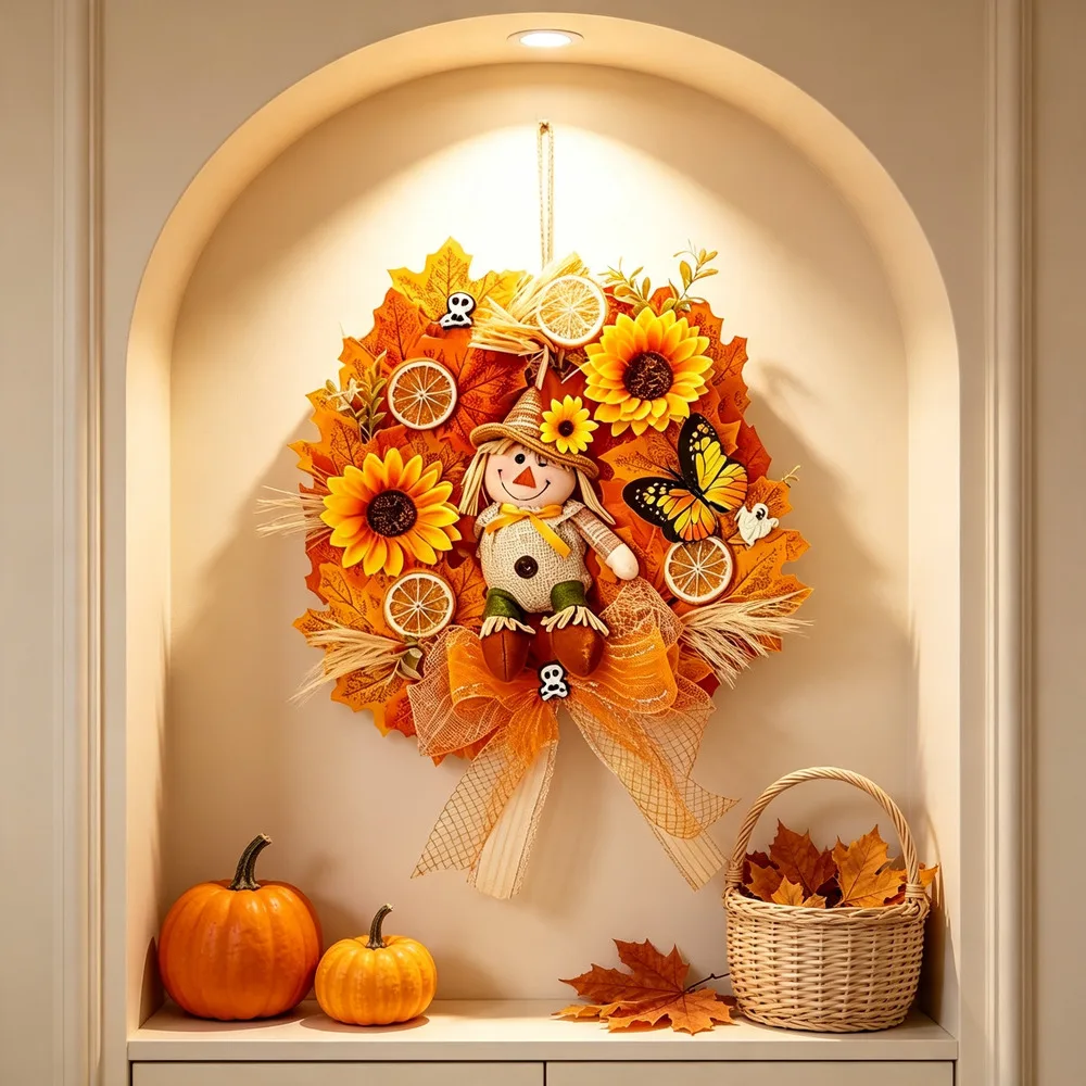 Orange Straw Scarecrow Wreath Rustic Hanging Door Decoration For Halloween Thanksgiving Outdoor Fence Entryway Holiday Ornament