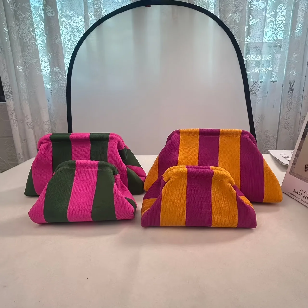 

2pcs color-block dopamine knit stripe mother-daughter clutch bag, large capacity handheld makeup storage pouch