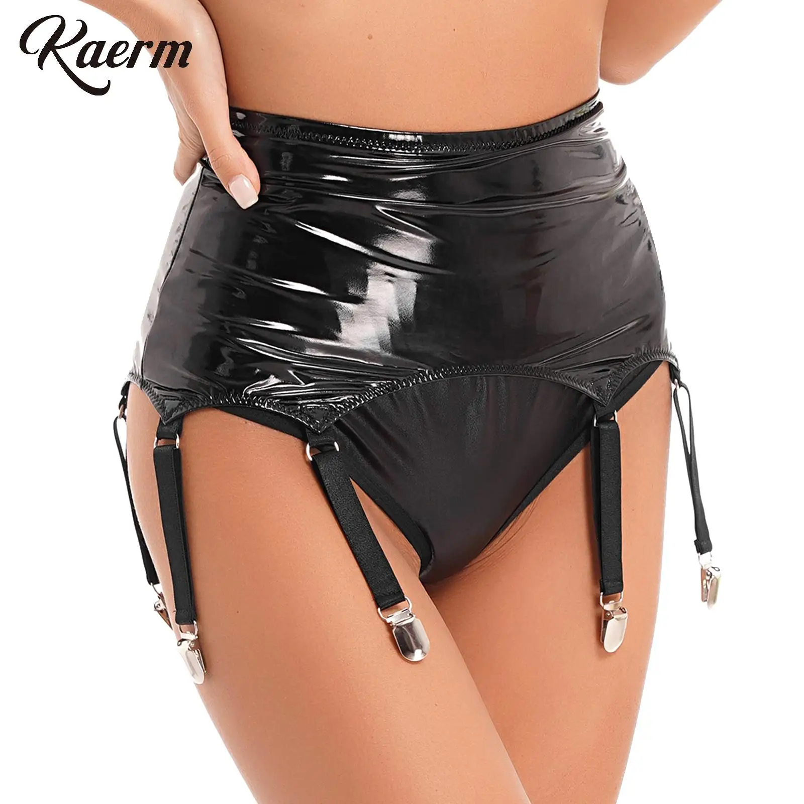 Women Shiny Patent Leather Bodycon Micro Skirt Suspenders Garter Belt Sexy Lingerie Underwear Club Rave Party Performance