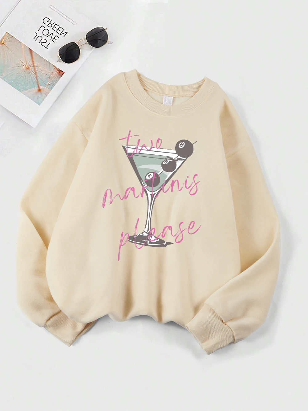 Zwei Martinis Please Prints Sweatshirt Damen Rundhalsausschnitt Basics Hoodie Lose Fleece Warmer Pullover Herbst Winter Sportliche Damenkleidung