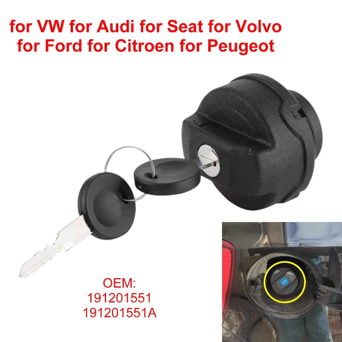 Image of 191201551A für VW Käfer für Audi A4 für Seat für Porsche für Ford für Citroen für Peugeot für Volvo Auto Verschließbarer Tankdeckel