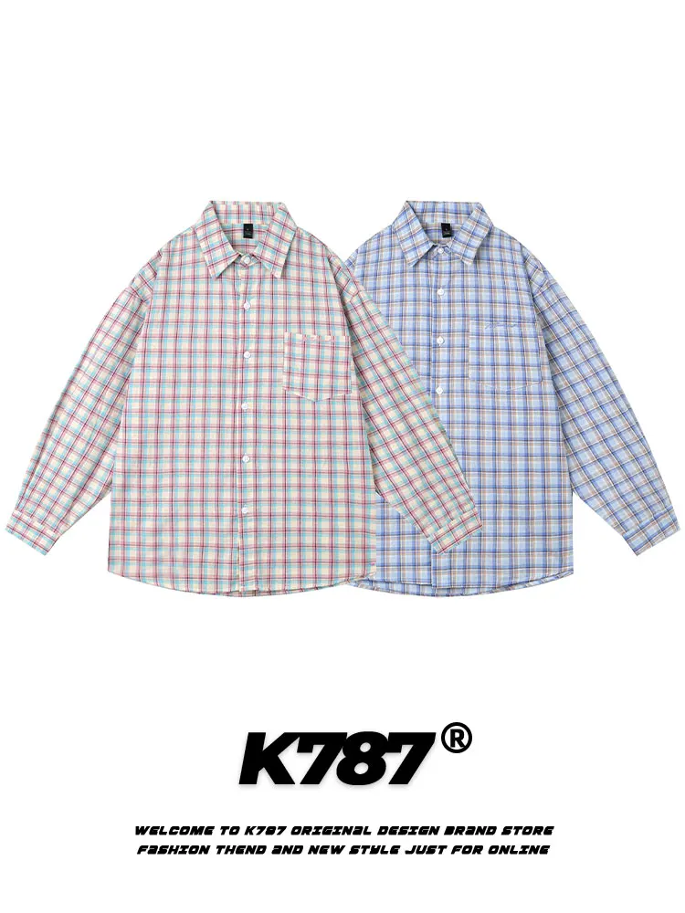 K787 American Retro Plaid Long Sleeve Casual Shirt Unisex Vintage College Style Ins Couple Top Youth Trend Spring Cotton
