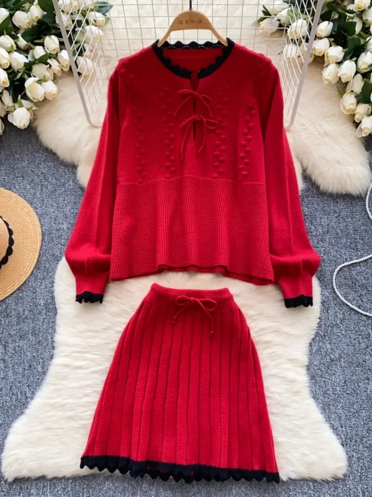 Kimotimo Knitted Two Piece Sets Women Sweet Loose Long Sleeve Pullover Sweater Pleated A-line Mini Skirts Autumn Winter Suits