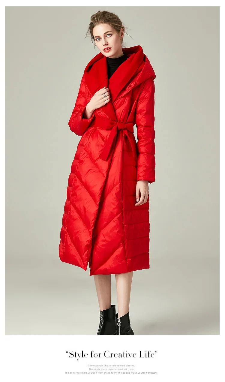 가을, 겨울 긴 흰색 오리 다운 재킷 새로운 빨간색 스티치 후드 두꺼운 코트