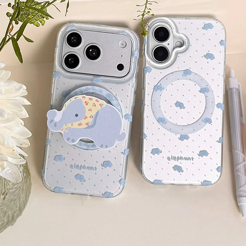 

Fashion Laser Silver Cute Baby Elephant Polka Dot Magnetic Phone Case For iPhone 17 Pro 16 15 14 13 Pro Max Cover with Stand Cas