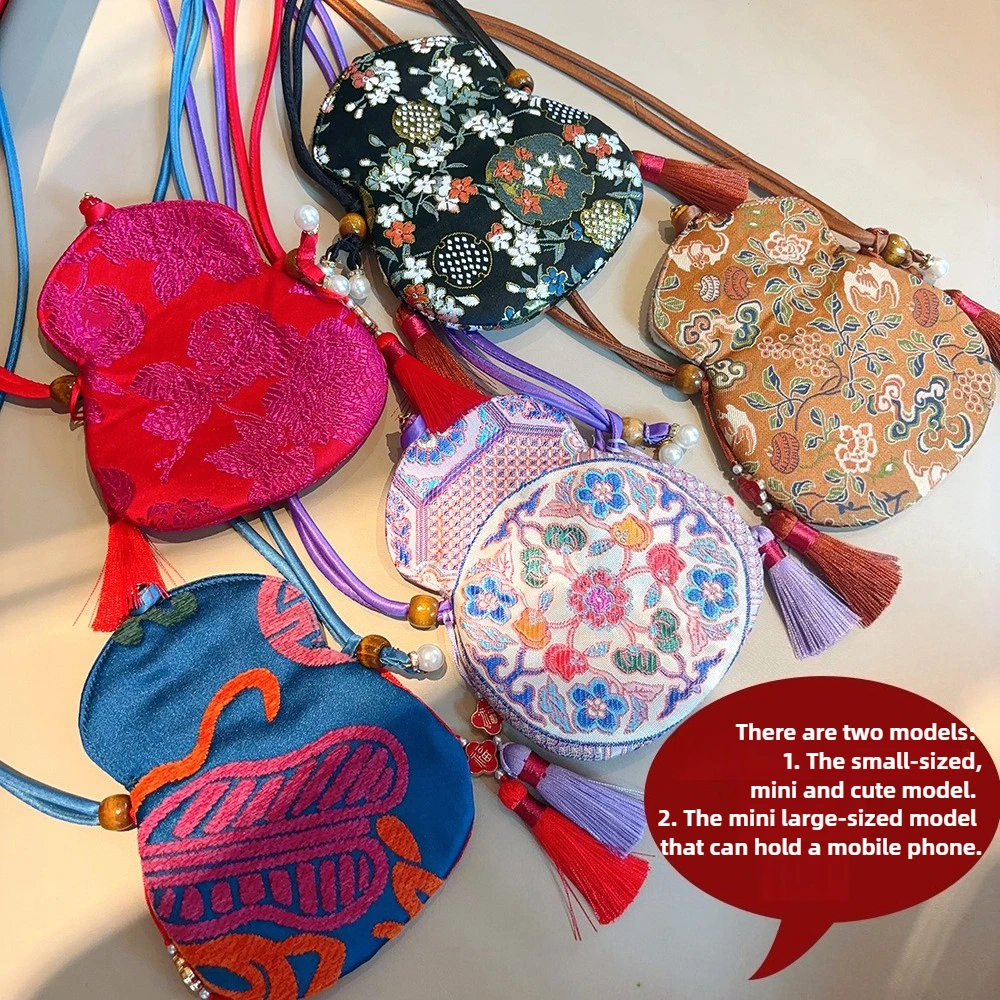 

Милые тыквы, мини-сумки для телефона, брошь с вышивкой в богемном стиле, сумка-мессенджер с бахромой, аксессуары Hanfu, сумка для телефона с вышивкой