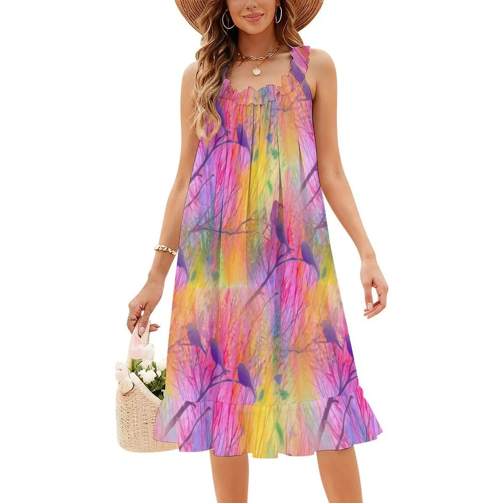 الطيور في بوش (فن المعيشة) فستان بفتحة عنق على شكل قلب فستان أنيق للحفلات الصيفية للنساء فن المعيشة المعاصر