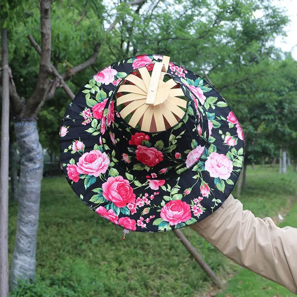 F Fityle Chapeau Soleil Pliable Éventail Bambou Motif Floral - Casquette Protection UV Légère 2 En 1 Pour Voyage, Plage, Randonnée