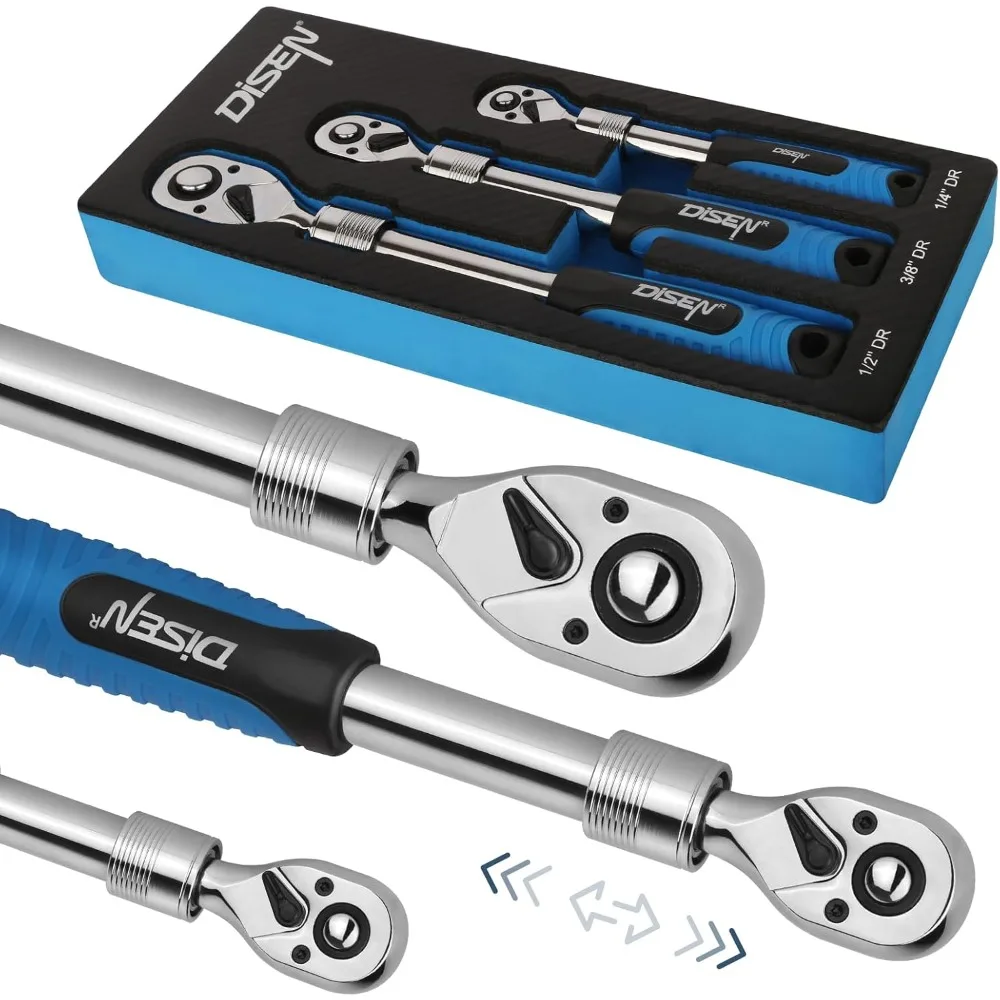 

3PCS Extendable Ratchet Wrench Set,1/4" 3/8" 1/2" Drive 72-Tooth, Quick-Release, Reversible Drive Socket Wrenches,Soft Grip