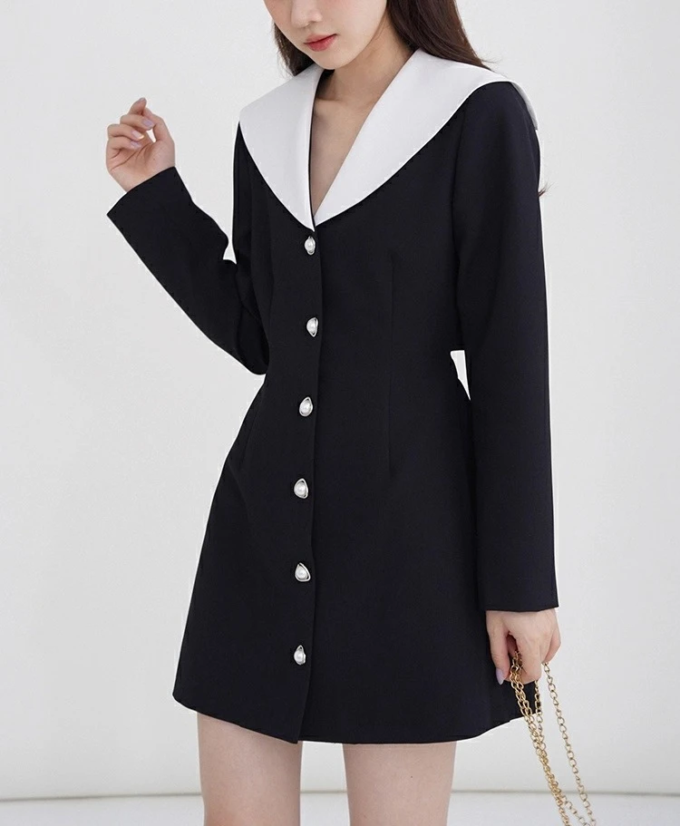 Vestido de gola marinha para mulheres senhora manga longa vestido linha a elegante design de duas camadas fino ajuste bonito roupa formal outono uso diário