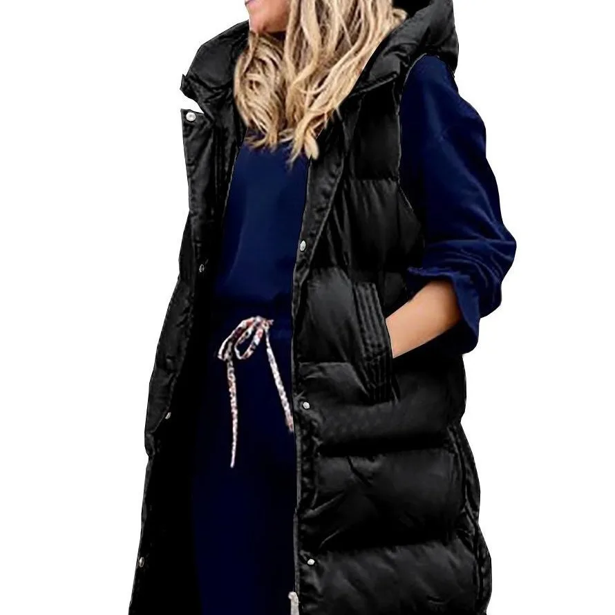 

Casual Faion Women's Long Svel Jaet Single Button Pure Color Hooded Cotton Vest Mid-Length Outerwear Coat