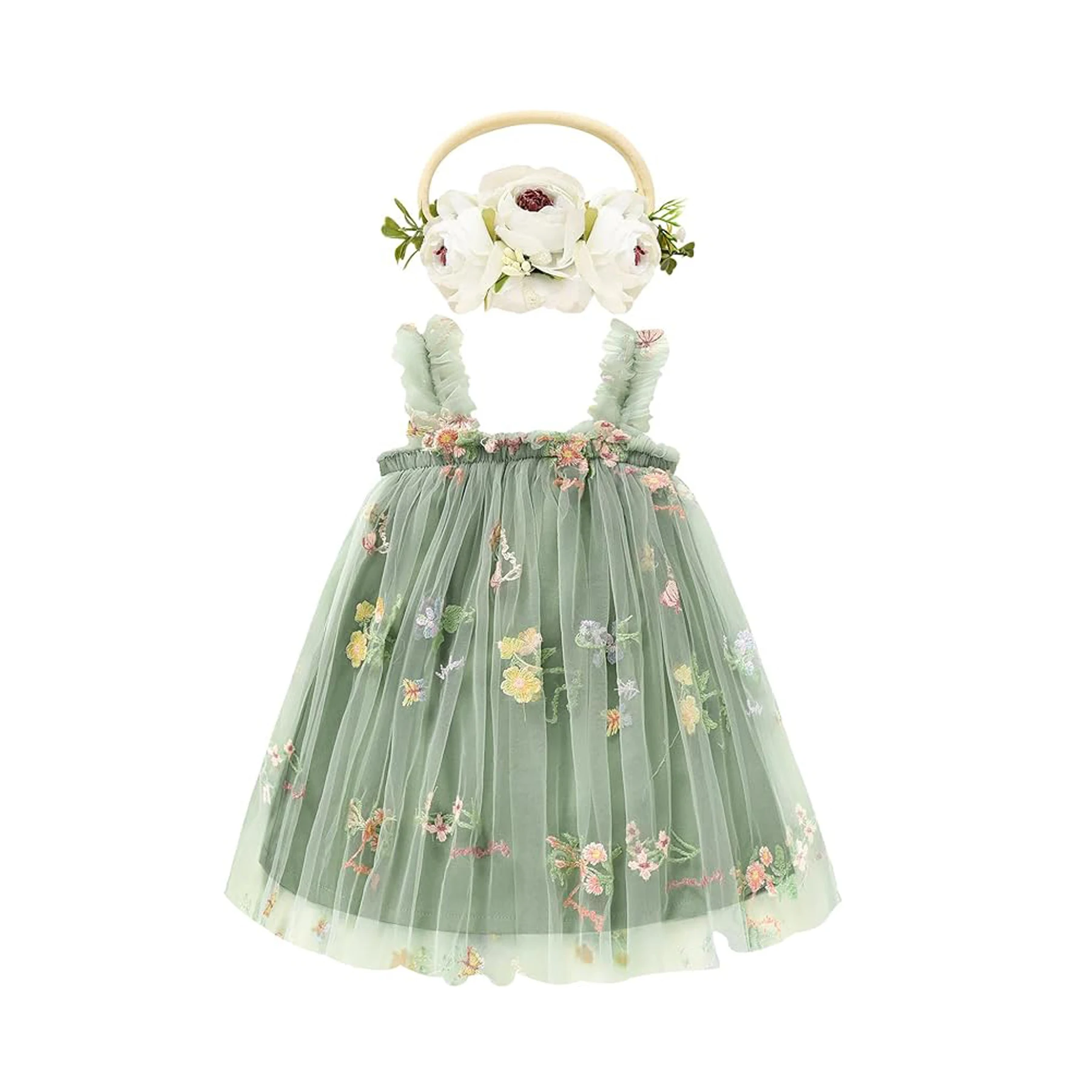 Toddler Baby Girls Tutu Dress Sleeveless Embroidery Floral Tulle Dress Little Girl Princess Dresses with Flower Headband