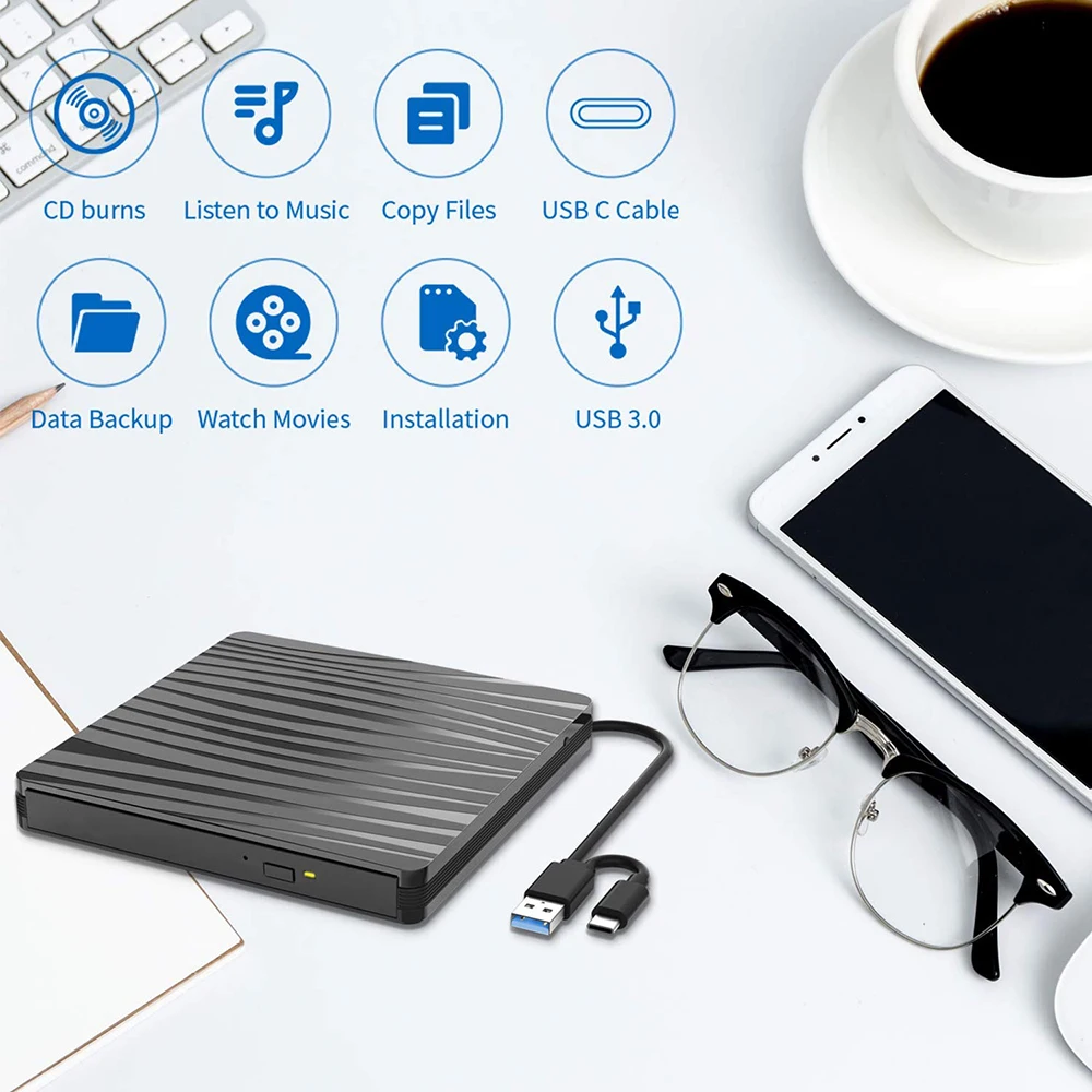 USB 3.0 Type C Portable DVD CD+/-RW External Burner Optical Drive ROM Disk Reader For Laptop PC Desktop MacBook iMac Windows11