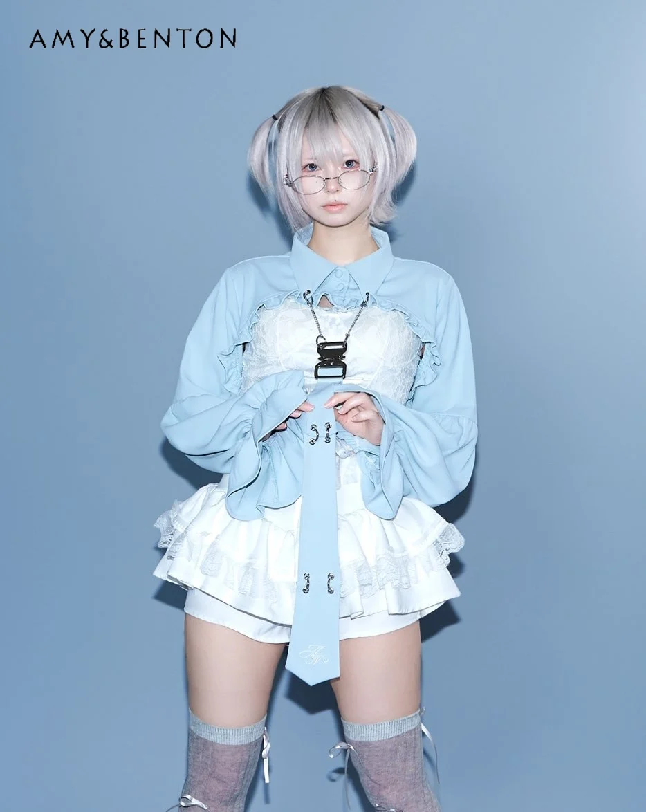 

Japanese Harajuku Style Mine Series Subculture Dark Girl Punk Tie Short Shirt Y2k Spice Girl Gothic Petal Sleeve Blouse Women