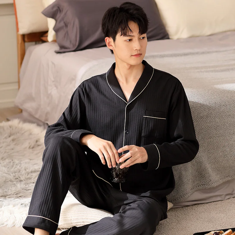 Autumn Pajamas Set Male Cotton Sleepwear Home Clothing Long Sleeves Spring Cardigan Tops + Long Pants Leisure Pyjamas Suit