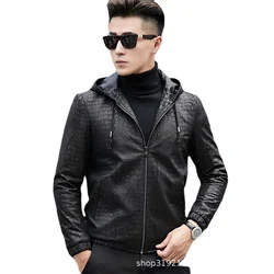 Natural Genuine Leather Clothe Men's Haining Sheepskin Printed Crocodile Hooded Jacket Casual Trendy Motorcycle Jacket мотоцикл