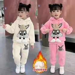 Autumn and Winter Girls' New Cat Decal Cartoon Cute Plus Velvet Thick Fashion Warm Hoodie Two Piece Set for 2-12 Years