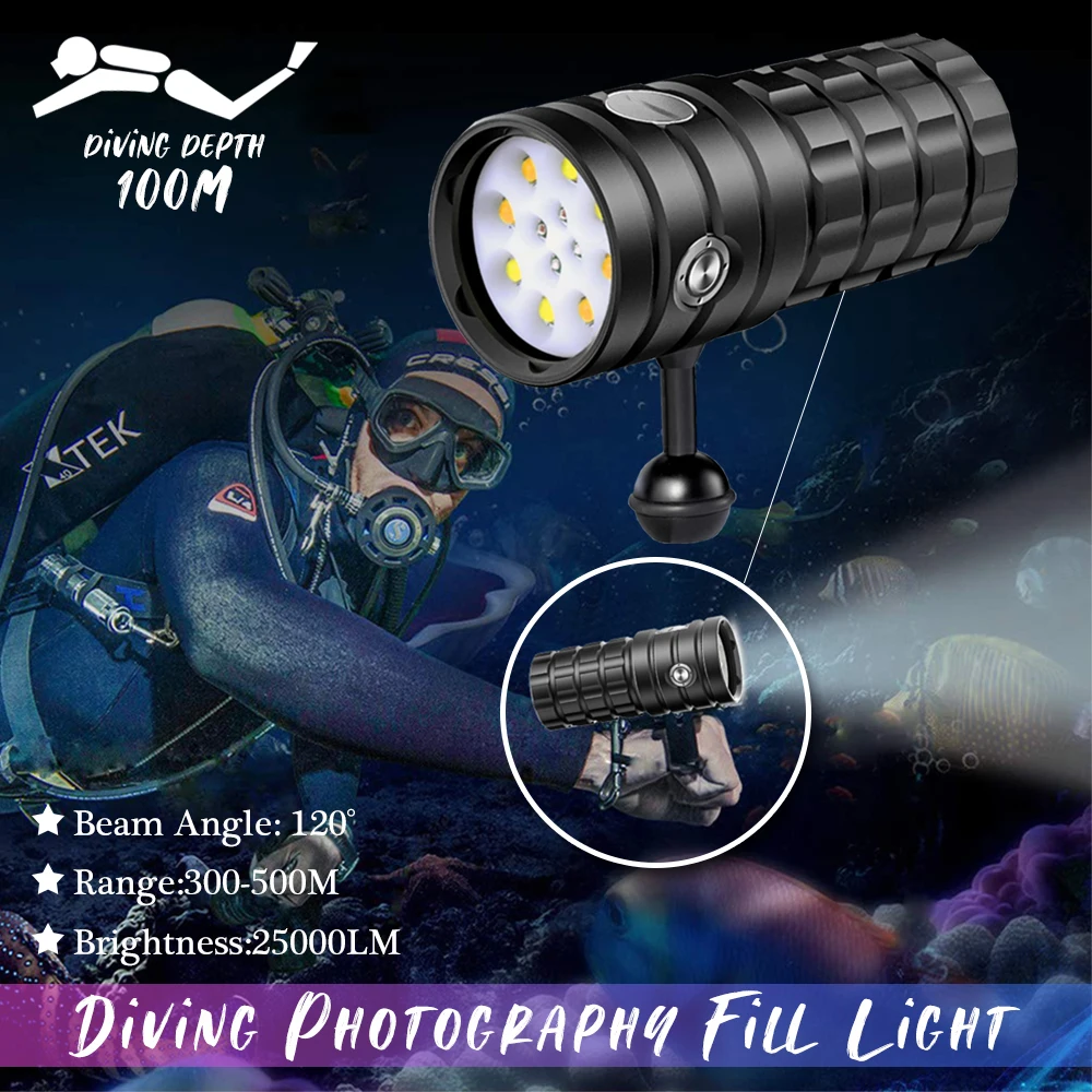 Asafee 100M Underwater Scuba Diving Flashlight 8000LM XHP50 LED Flashlight IPX8 Waterproof Built-in battery 9 modes Lantern