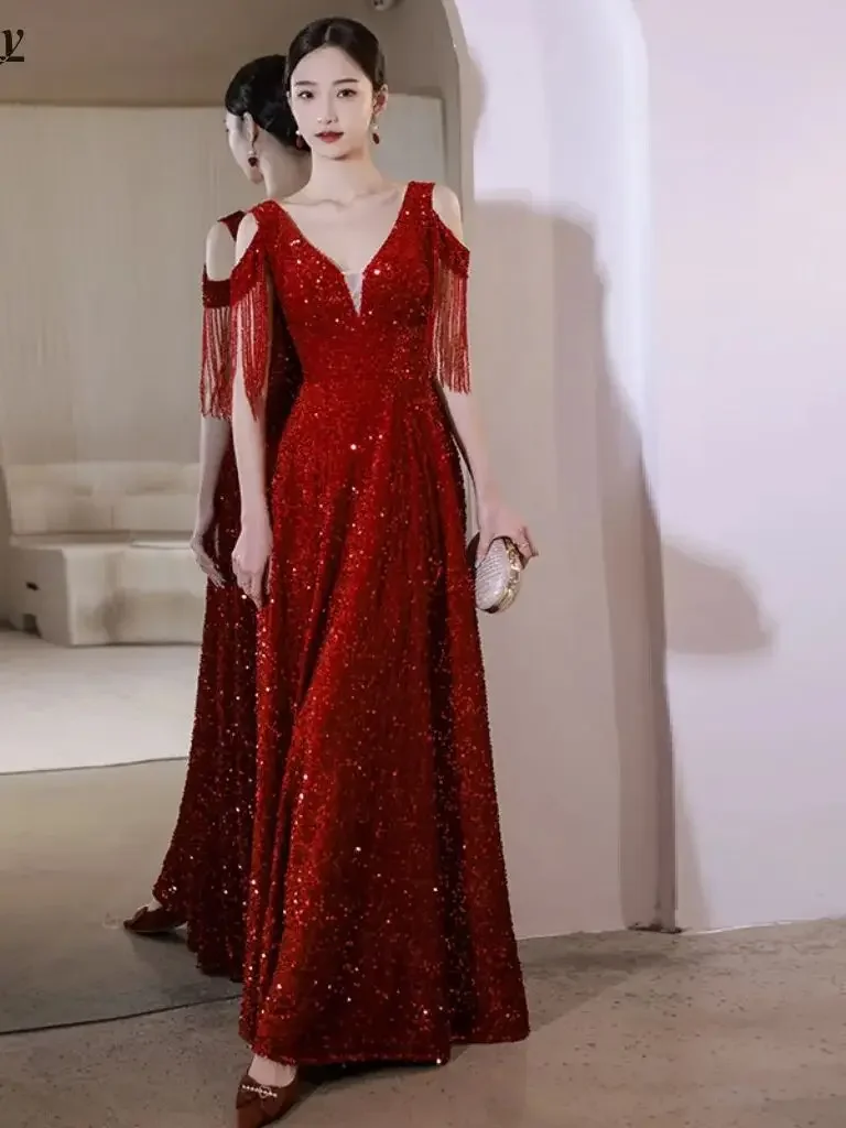 

Beautiful Sequined Mother Of The Bride Dresses Burgundy Fashion Vneck Women Evening Party Dress MBYD023