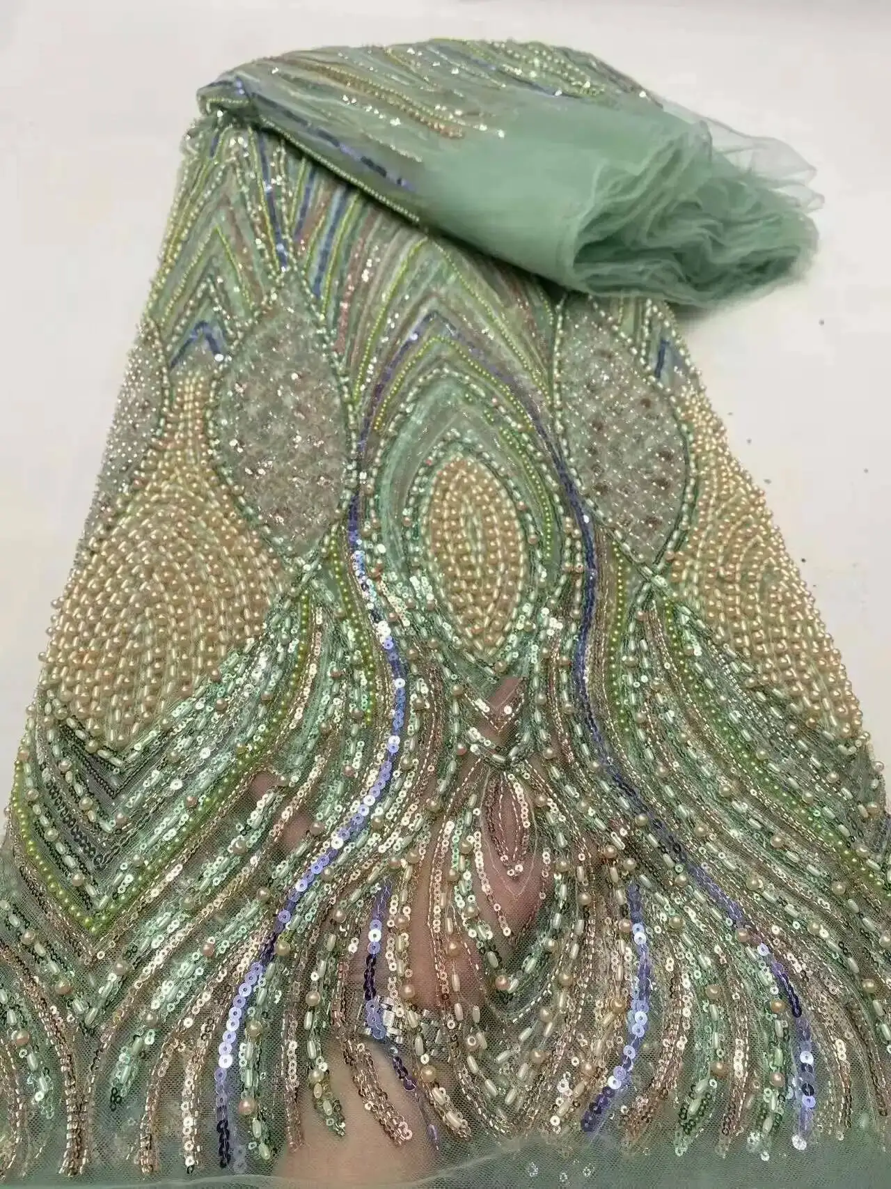 

5Yards Mesh Lace Fabric Heavy Sequins Beads Pure Colorful Raschel Lace Heavy Sequins Beads Diy Patchwork Home Decor Wedding