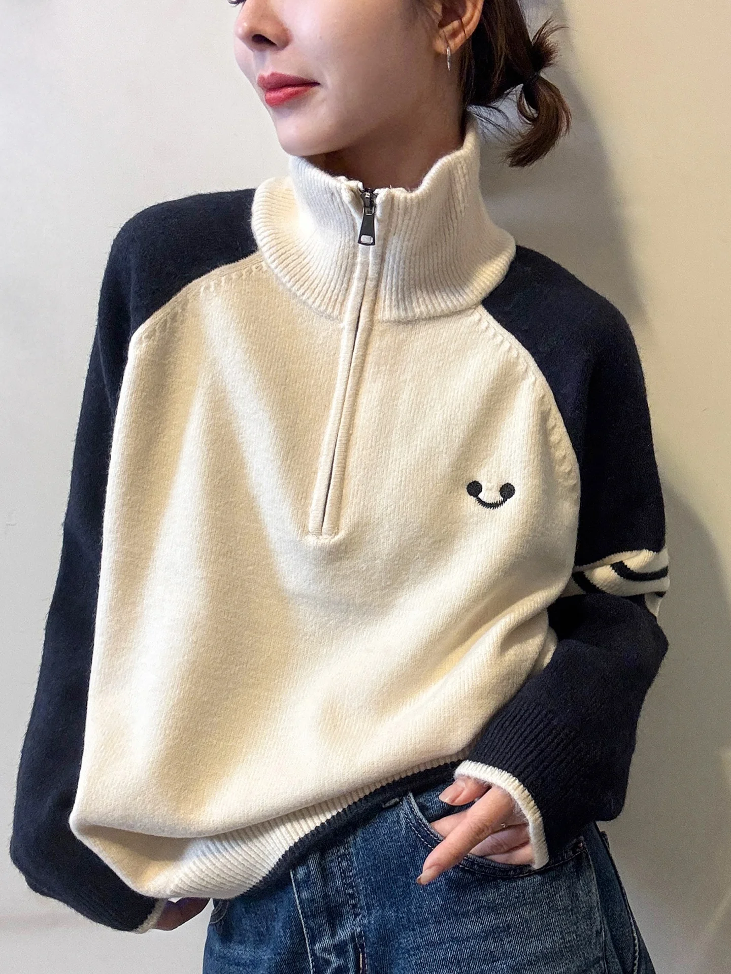

Korean Design Loose Fit Thiened Knitted Sweater f Zip Pullover Color Blo Winter Lazy Sle Women's Camere Sweater