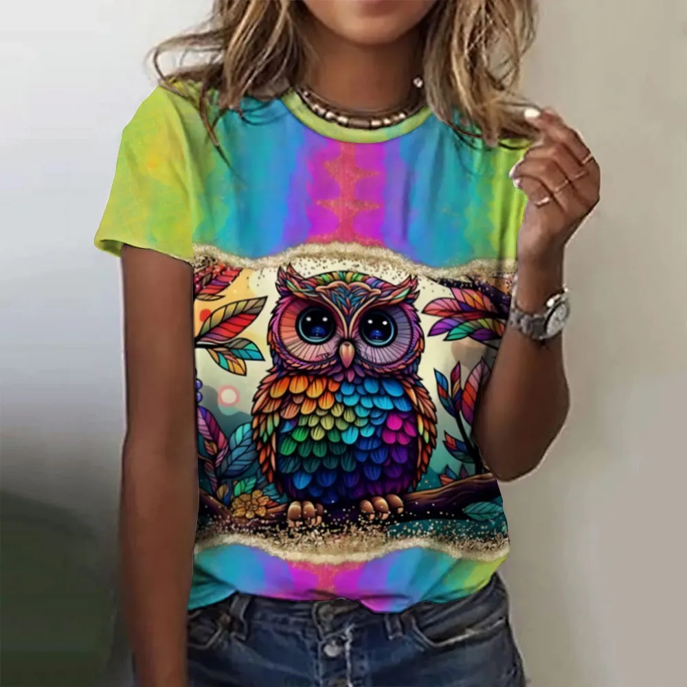 2024 New Kawaii Women\'s T-shirt Owl Print Plus Size Top Women\'s Trending Clothes Fashion Short Sleeve Shirt Crew Tee Summer