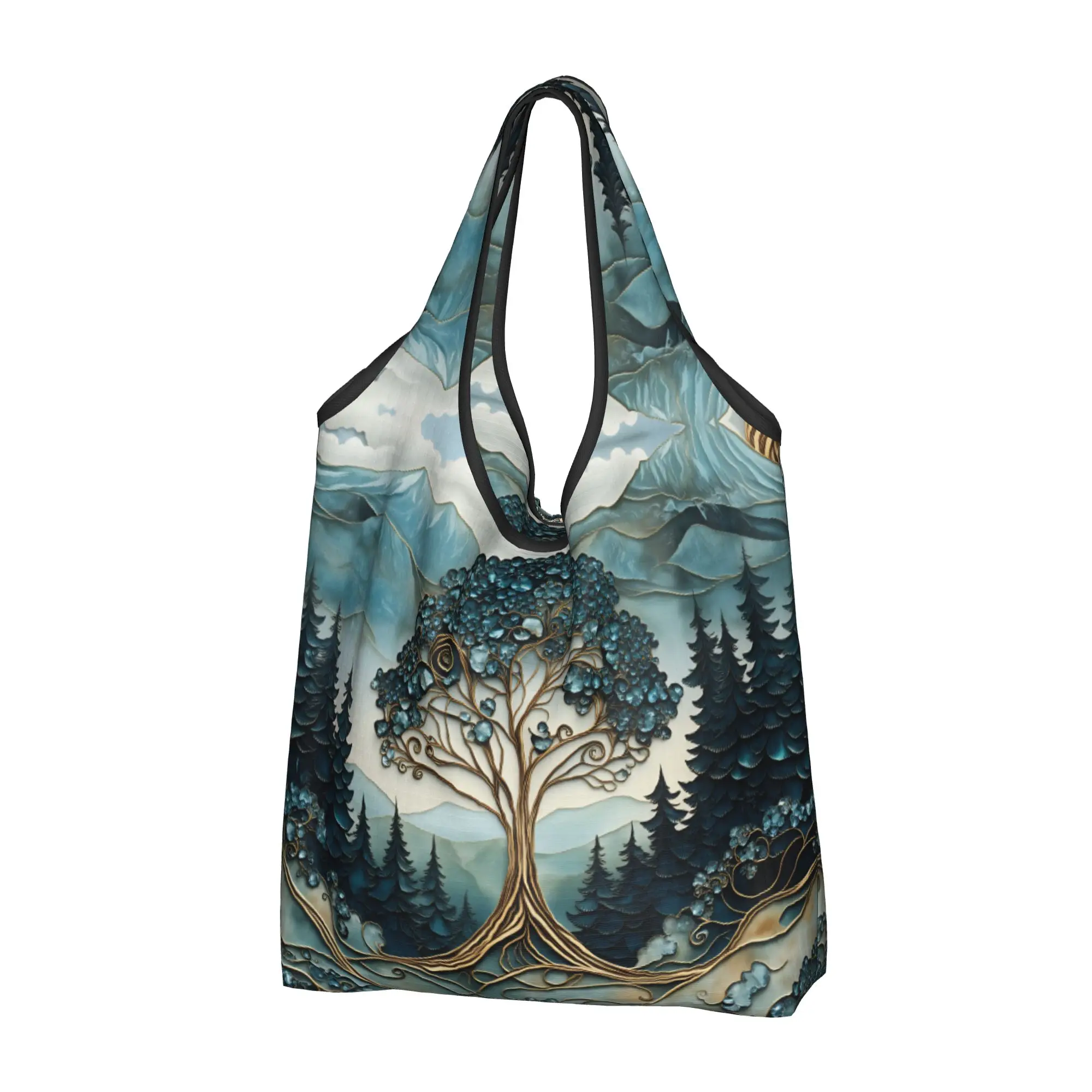 Recycling Tree of Life Yggdrasil World  Shopping Bag Women Tote Bag Portable Teal Art Nouveau  Grocery Shopper Bags
