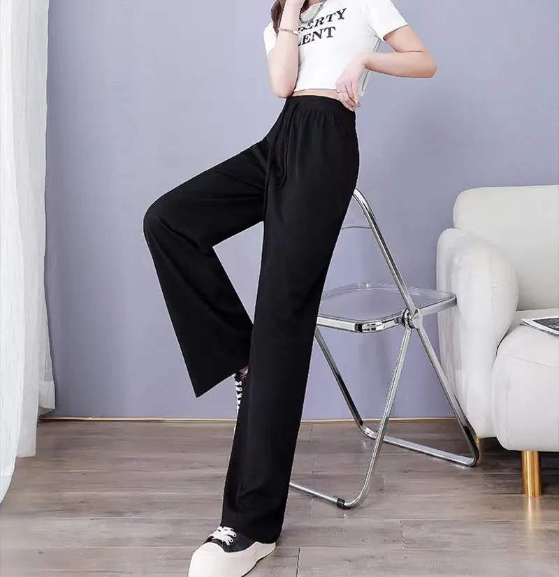 Women Pants Spring Summer Ice Silk Wide Leg Pants 2024 High Waist Loose Straight Casual Pant Female Outdoor Black Trousers