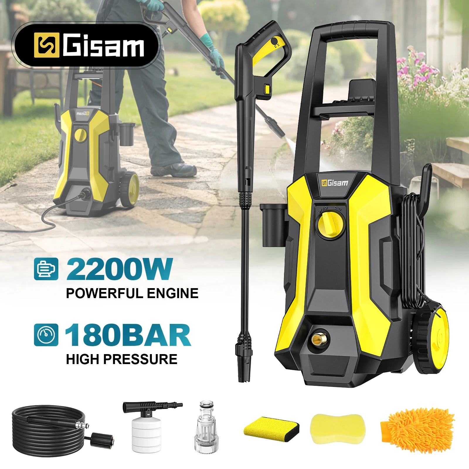 Gisam 180Bar 2200W Electric High Pressure Washer Car Washer Gun Garden Washing Water Wash Spray Gun 180° Adjustable Nozzle