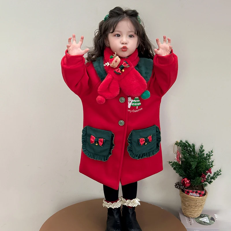 

Рождественское хлопковое пальто для девочек, теплая куртка Kawaii, утепленная верхняя одежда, пальто принцессы на флисовой подкладке с капюшоном, зимняя одежда, подарок