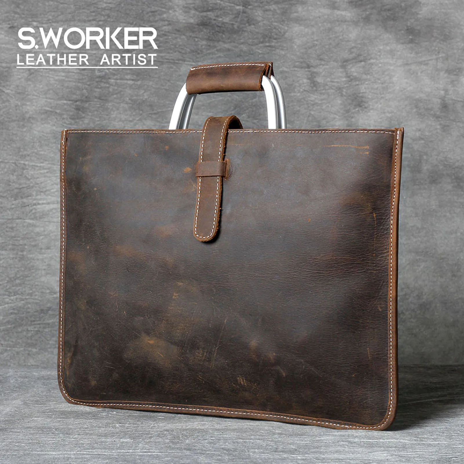 S.WORKER Vintage Echtleder Herren-Aktentasche Laptop-Tasche Einfacher Stil Crazy Horse Leder Schultertasche Italienisches Rindsleder – Detail 2