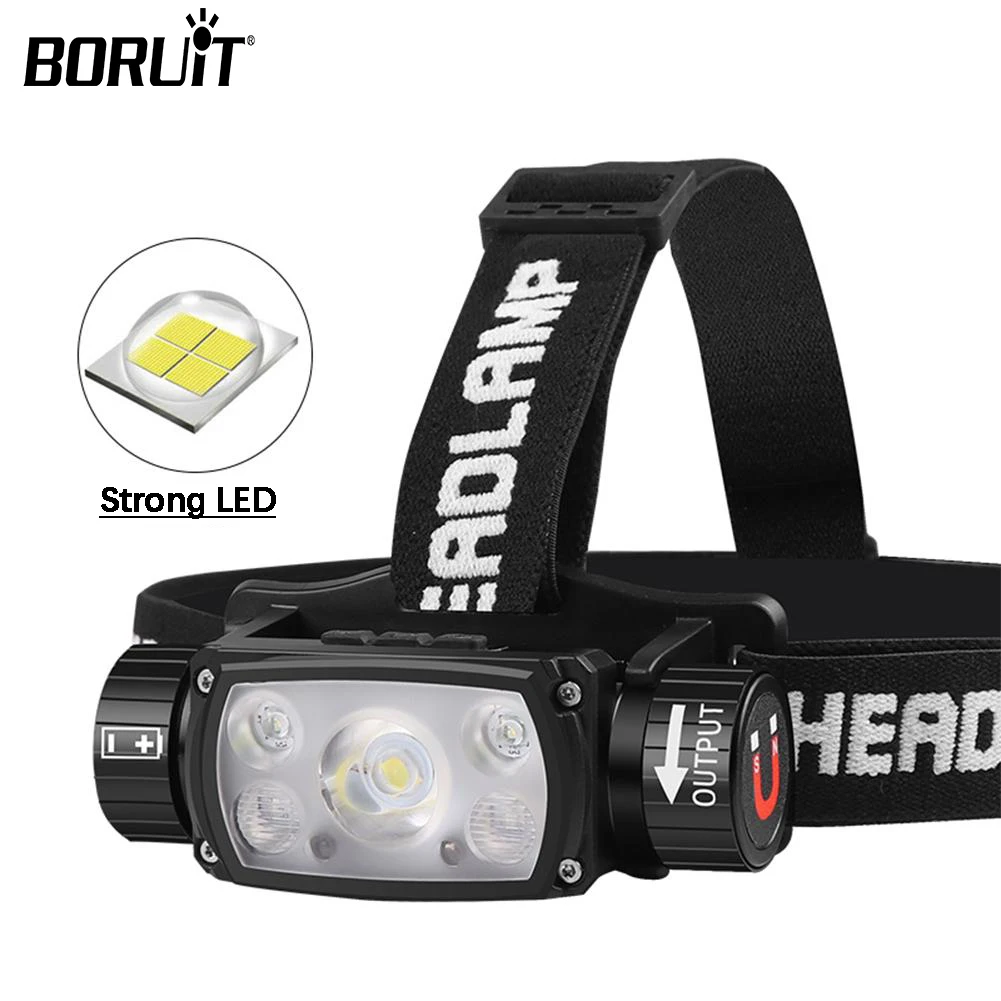 BORUiT Super Bright LED Headlamp 18650/21700 Battery TYPE-C Rechargeable Headlight Waterproof Fishing Torch For Camping Lantern